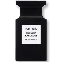 Black Tom Ford perfume bottle with 'Fucking Fabulous' text on a white background