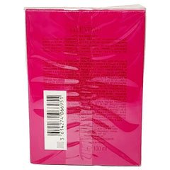 Back of a pink Valentina perfume box with text and barcode