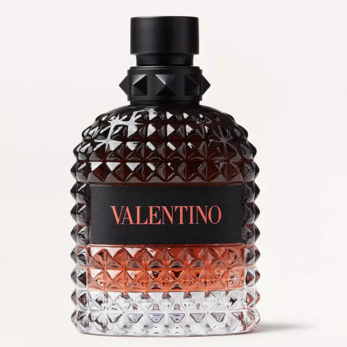 Valentino perfume bottle with geometric design on a white background