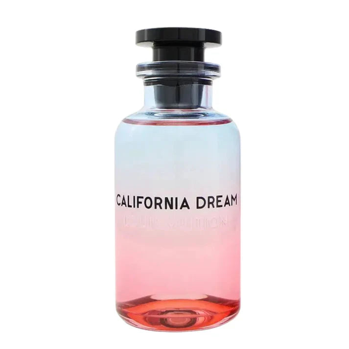 Perfume bottle with gradient design and 'California Dream' text on a white background