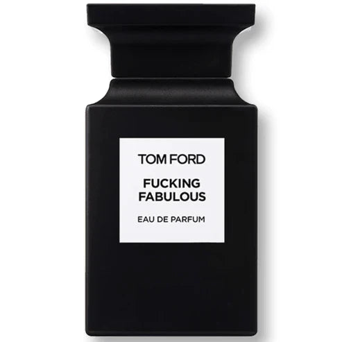 Black Tom Ford perfume bottle with 'Fucking Fabulous' text on a white background
