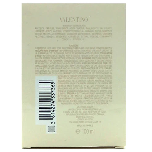 Back of a Valentina perfume bottle with text and barcode on a beige background