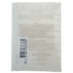 Back of a Valentina perfume packaging with text and barcode on a white background
