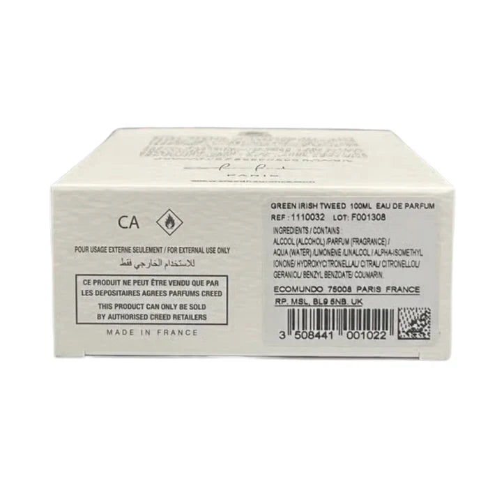 Back of a perfume box with text and branding