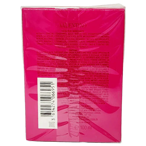 Back of a pink Valentina perfume box with text and barcode