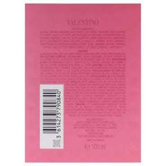 Back of a pink Valentina perfume bottle with text and barcode