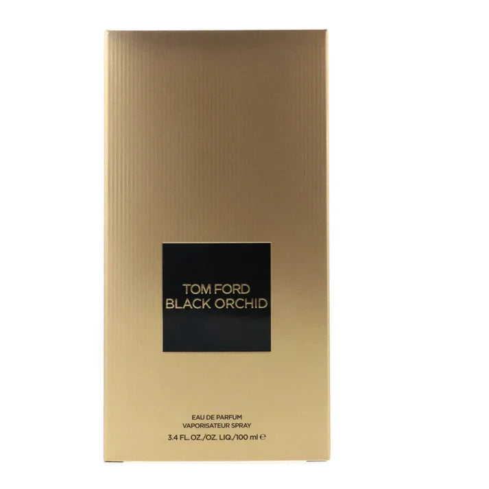 Gold packaging of Tom Ford Black Orchid perfume on a white background