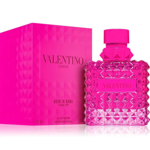 Valentino perfume bottle and packaging with pink design on a white background