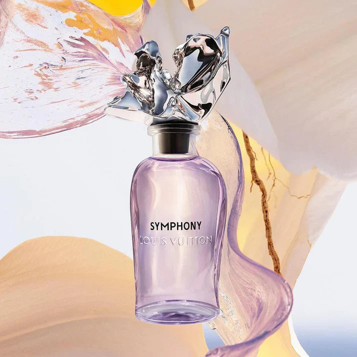 Perfume bottle with 'Louis Vuitton Symphony' on a artistic background