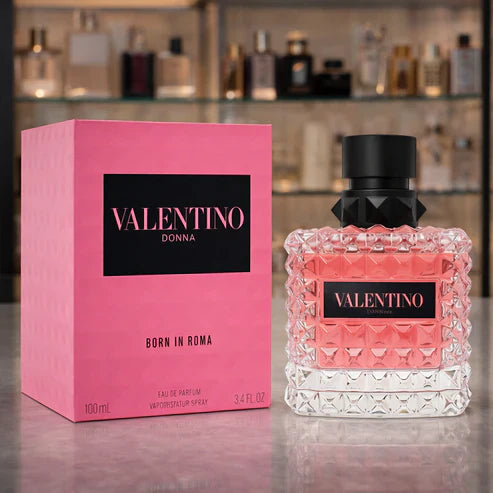 Valentino Donna perfume bottle and packaging on a reflective surface with shelves in the background.